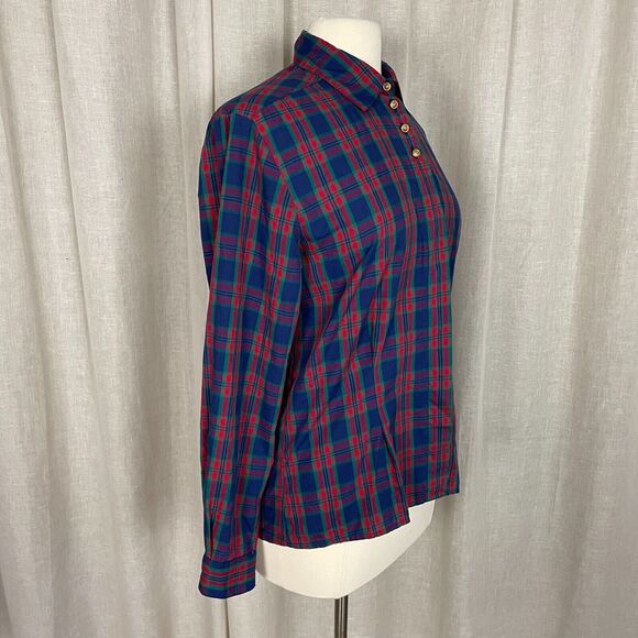 Vintage Blouse Womens Size 10 Red Blue Plaid Tartan Long Sleeve Henley Button - Picture 7 of 14